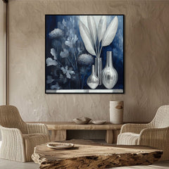Silver Silence – Modern Blue Silver Still Life Painting Square Glass Vase Wall Art