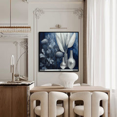 Silver Silence – Modern Blue Silver Still Life Painting Square Glass Vase Wall Art