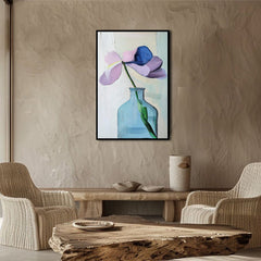Solitary Grace – Abstract Flower in Blue Vase Painting Modern Minimalist Floral Art