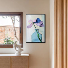 Solitary Grace – Abstract Flower in Blue Vase Painting Modern Minimalist Floral Art