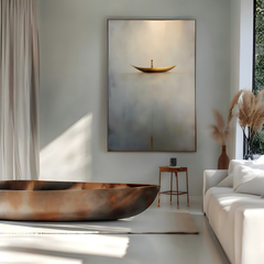 Solitude Voyage: Contemporary Minimalist Wall Art – Neutral Brown & Grey with Gold Boat