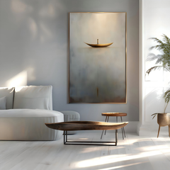 Solitude Voyage: Contemporary Minimalist Wall Art – Neutral Brown & Grey with Gold Boat