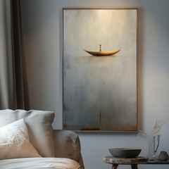Solitude Voyage: Contemporary Minimalist Wall Art – Neutral Brown & Grey with Gold Boat