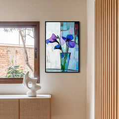 Trio in Bloom – Abstract Iris Flower Painting in Vase Modern Vertical Floral Canvas Art
