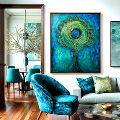 Verdant Halo – Textured Blue and Green Abstract Tree Oil Painting