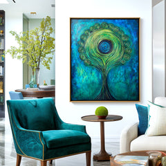 Verdant Halo – Textured Blue and Green Abstract Tree Oil Painting