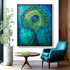 Verdant Halo – Textured Blue and Green Abstract Tree Oil Painting