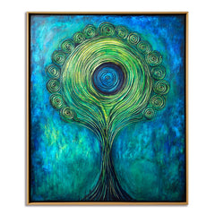 Verdant Halo – Textured Blue and Green Abstract Tree Oil Painting