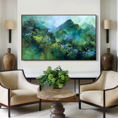 Verdant Peaks – Abstract Mountain Landscape Painting, Textured Green Wall Art