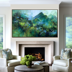 Verdant Peaks – Abstract Mountain Landscape Painting, Textured Green Wall Art