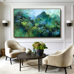 Verdant Peaks – Abstract Mountain Landscape Painting, Textured Green Wall Art