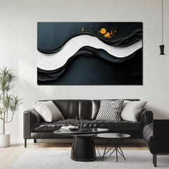 Waves of Midnight- Black White Orange Abstract Wave – Textured Seascape Wall Art