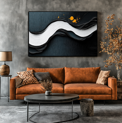 Waves of Midnight- Black White Orange Abstract Wave – Textured Seascape Wall Art