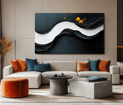 Waves of Midnight- Black White Orange Abstract Wave – Textured Seascape Wall Art
