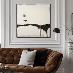 Where Silence Walks – Minimalist Abstract Bird Painting Modern Black and White Wall Art