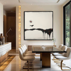 Where Silence Walks – Minimalist Abstract Bird Painting Modern Black and White Wall Art