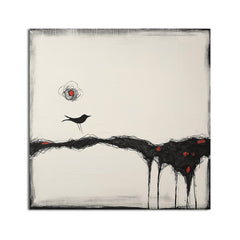 Where Silence Walks – Minimalist Abstract Bird Painting Modern Black and White Wall Art