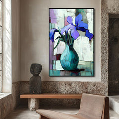 Whispers of Iris – Purple Iris Flower Oil Painting – Abstract Vase Wall Art on Canvas