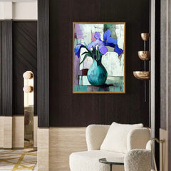 Whispers of Iris – Purple Iris Flower Oil Painting – Abstract Vase Wall Art on Canvas
