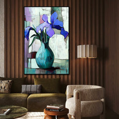 Whispers of Iris – Purple Iris Flower Oil Painting – Abstract Vase Wall Art on Canvas