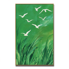 Whispers of the Wind – Green Abstract Canvas with Flying White Birds Nature Wall Art