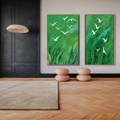 Whispers of the Wind – Green Abstract Canvas with Flying White Birds Nature Wall Art