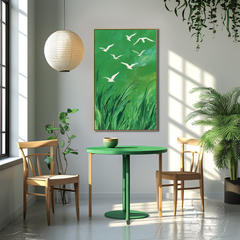 Whispers of the Wind – Green Abstract Canvas with Flying White Birds Nature Wall Art