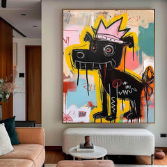 Crowned Canine – Vibrant Graffiti Art Black Dog with Crown Wall Decor, Street Art Painting