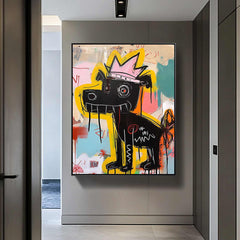 Crowned Canine – Vibrant Graffiti Art Black Dog with Crown Wall Decor, Street Art Painting