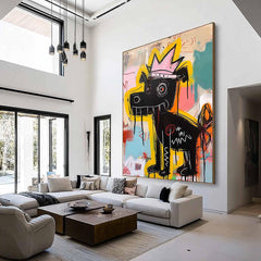 Crowned Canine – Vibrant Graffiti Art Black Dog with Crown Wall Decor, Street Art Painting