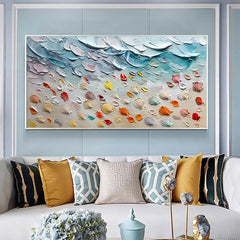 Ocean's Treasure-Colorful 3D Textured Seashell Painting, Turquoise – Textured Seascape Wall Art