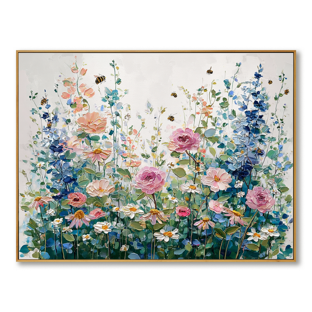Vibrant Garden of Blooms – Colorful Textured Flower Oil Painting hand-painted wall art