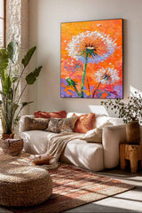 Square Heavy Impasto Dandelion Painting 3D Palette Knife Floral Art Modern Vibrant Orange Dandelion Artwork