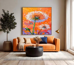 Square Heavy Impasto Dandelion Painting 3D Palette Knife Floral Art Modern Vibrant Orange Dandelion Artwork