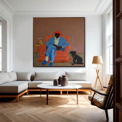 Retro-Style Portrait Oil Painting Man In Red Hat & Blue Suit With Dog Original Warm-Toned Canvas Art Wall Decor