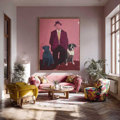 Retro-Inspired Portrait Of Sophisticated Gentleman & Two Dogs Painting Bold Color Pop Art Handcrafted Wall Art
