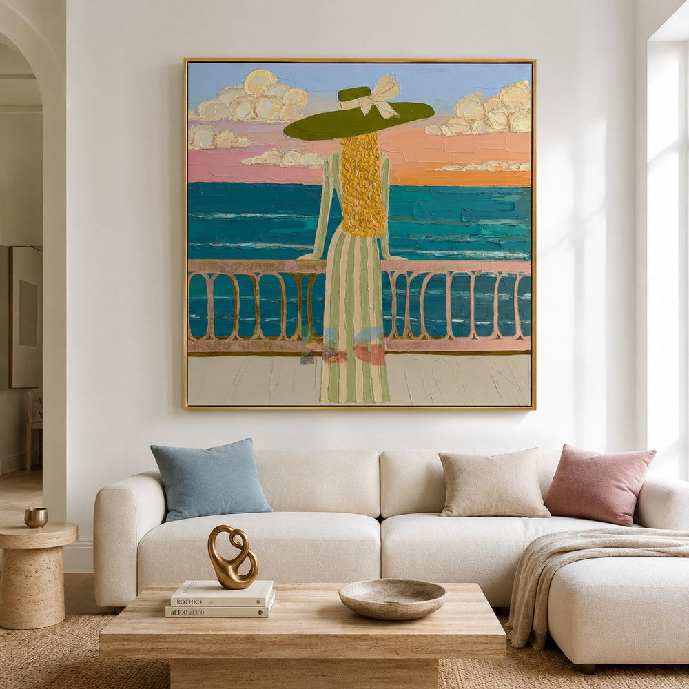 Seaside Balcony Reverie – Coastal Figure Wall Art hand-painted wall art