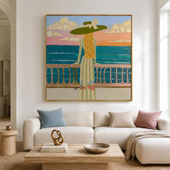 Seaside Balcony Reverie – Coastal Figure Wall Art hand-painted wall art