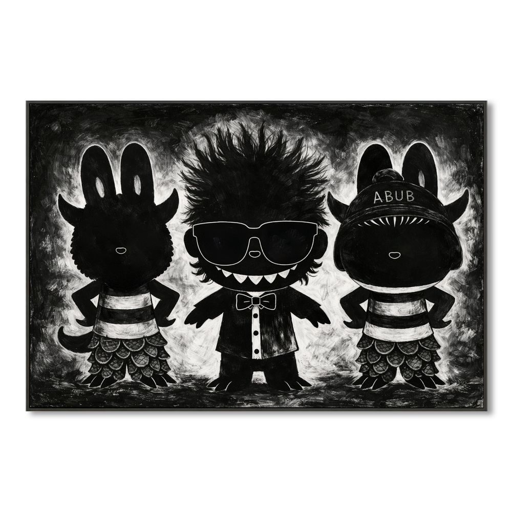 Midnight Trio – Labubu Inspired Character Group Oil Painting hand-painted wall art