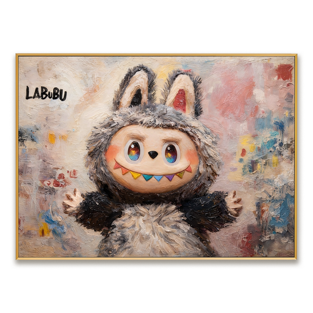 Soft Rainbow Smile – Labubu Inspired Character Oil Painting hand-painted wall art