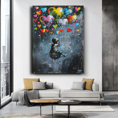 Hearts in the Sky – Graffiti Balloon Love Oil Painting, Street Pop Wall Art