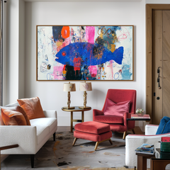 Midnight Current – Abstract Blue Fish Oil Painting, Expressionist Textured Wall Art