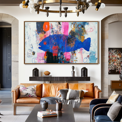 Midnight Current – Abstract Blue Fish Oil Painting, Expressionist Textured Wall Art