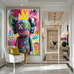 Neon Monarch – KAWS Inspired Crowned Graffiti Oil Painting