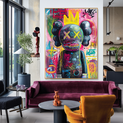 Neon Monarch – KAWS Inspired Crowned Graffiti Oil Painting