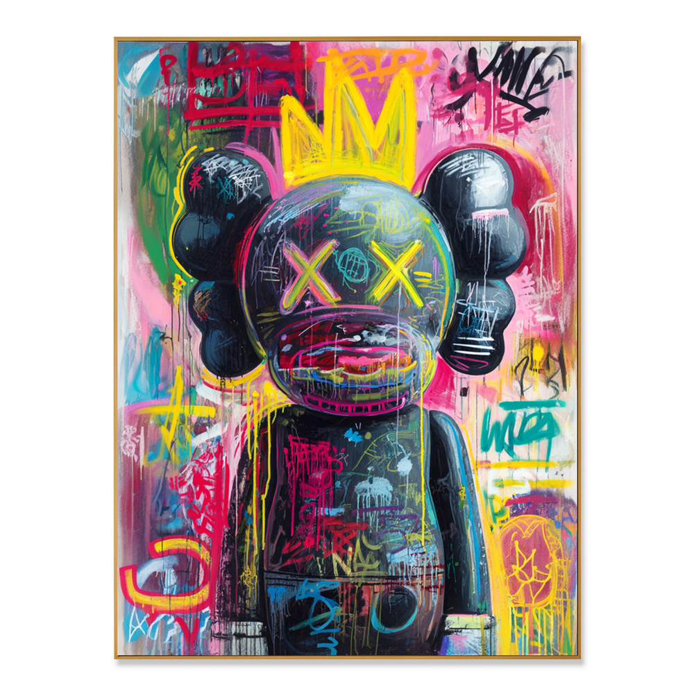 Neon Monarch – KAWS Inspired Crowned Graffiti Oil Painting hand-painted wall art