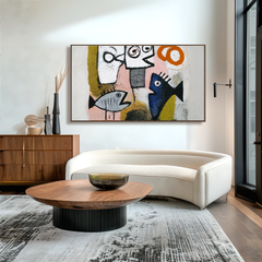 Primitive Voices – Abstract Fish & Faces Oil Painting, Naive Art Textured Wall Art