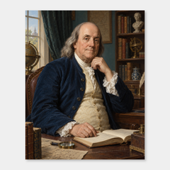 Benjamin Franklin in an original full-color oil portrait in a library study with an open book and glass lens