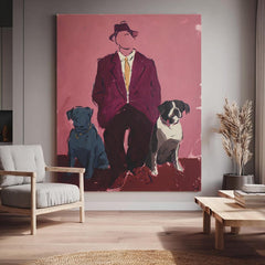 Retro-Inspired Portrait Of Sophisticated Gentleman & Two Dogs Painting Bold Color Pop Art Handcrafted Wall Art