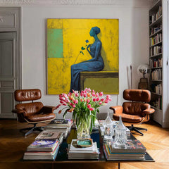 Modern Square Abstract Portrait Painting Elegant Woman In Blue With Rose Yellow & Green Geometric Wall Art